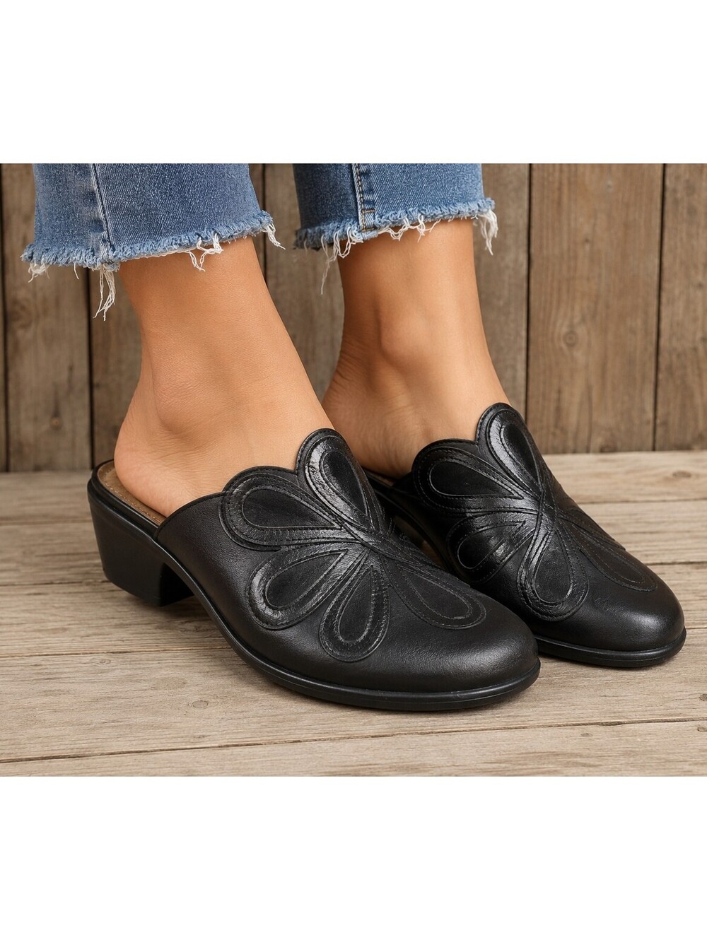 Naot Adore Leather Mule Shoes Black Swirl Scalloped Women’s Sz 7 EU 38 Comfort